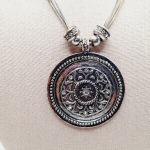 Chico’s Silver Tone Snake Chain Necklace w/ Large Pendant & Rhinestone Charms